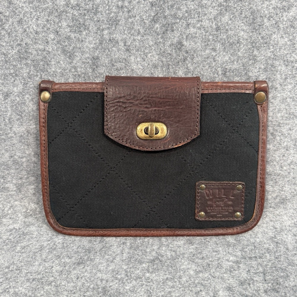 WILL LEATHER GOODS Brown Leather Black Canvas iPad Mini Kindle Case Pouch‎ USA